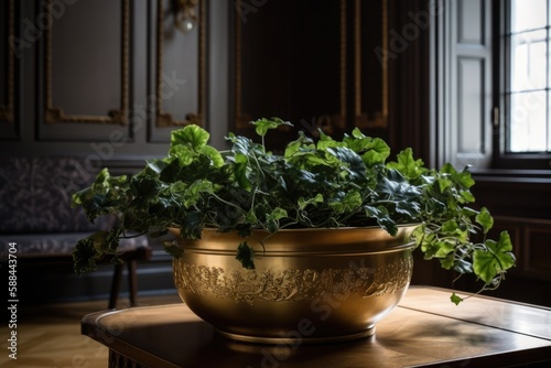 English Ivy With Trailing  Green Leaves In A Classic And Elegant Brass Planter In A Sophisticated Apartment. Generative AI
