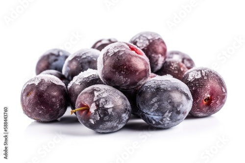 Frozen Plums On White Background. Generative AI