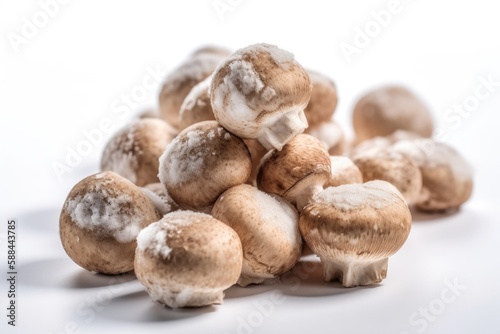 Frozen Mushrooms On White Background. Generative AI