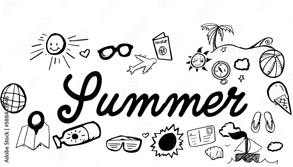 Summer text surrounded by various colorful vector icons