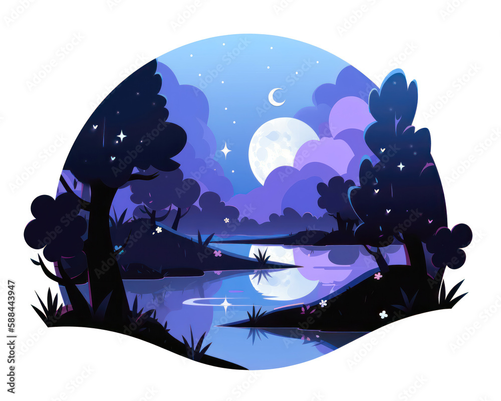 Naklejka premium Night landscape with lake, forest, moon and stars. Vector illustration.