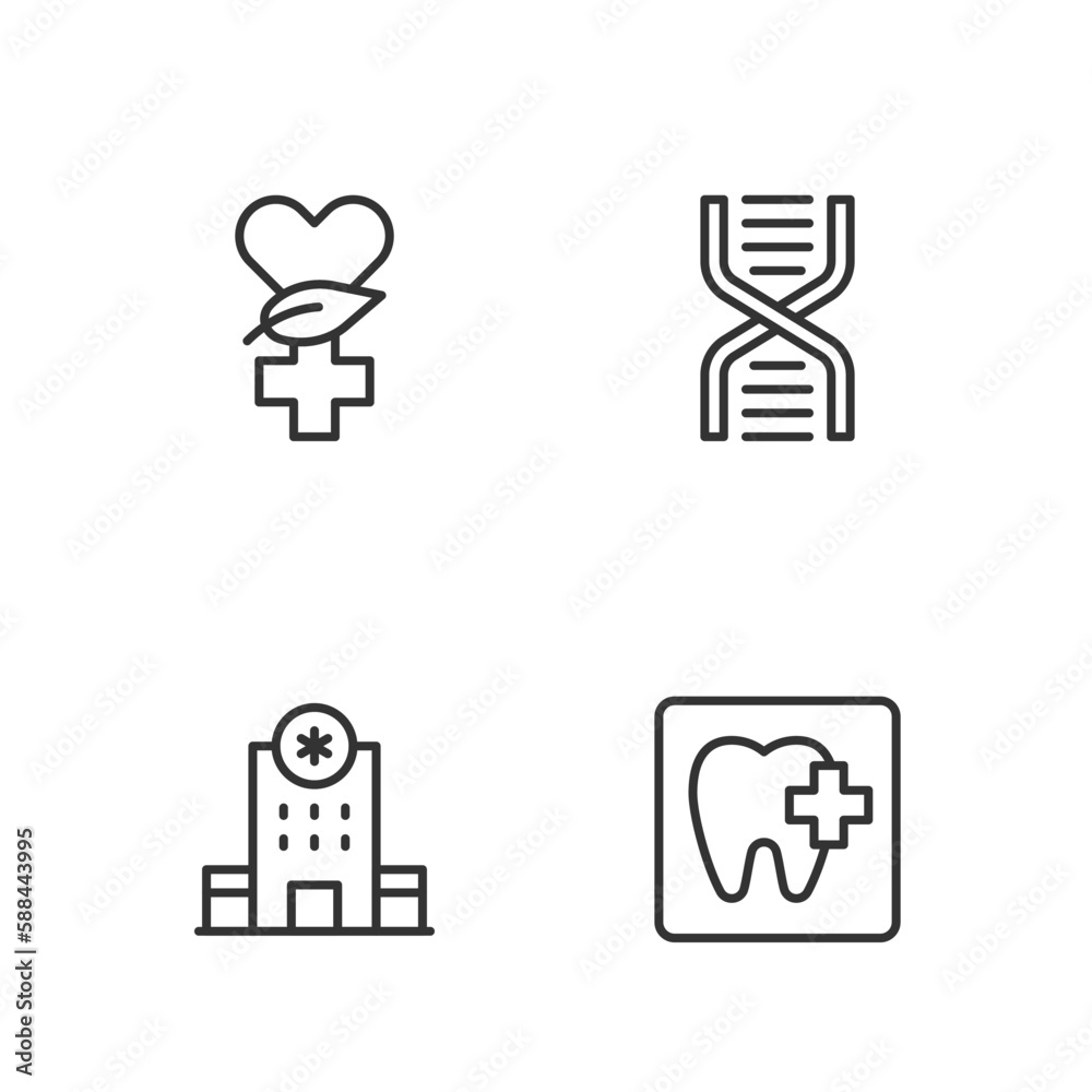 Set line Dental clinic location, Hospital building, Ethnoscience and DNA symbol icon. Vector Set line Dental clinic location, Hospital building, Ethnoscience and DNA symbol icon. Vector