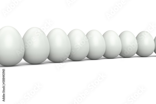 Group farm raw organic white chicken eggs standing in line or queue