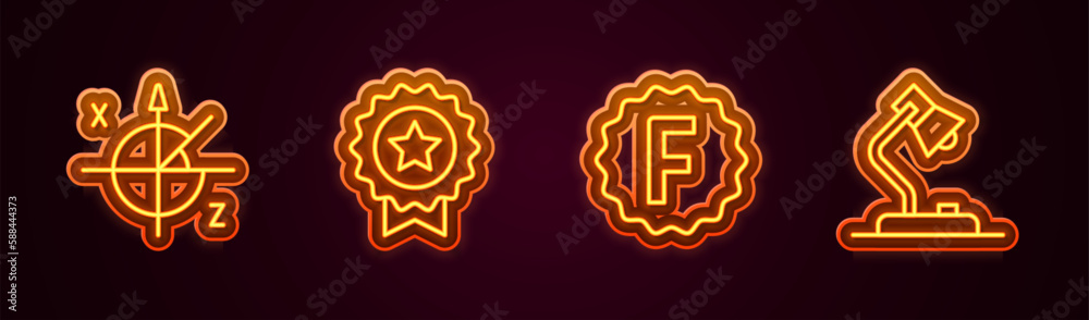 Set line Trigonometric circle, Medal with star, Exam paper incorrect answers and Table lamp. Glowing neon icon. Vector Set line Trigonometric circle, Medal with star, Exam paper incorrect answers and Table lamp. Glowing neon icon. Vector