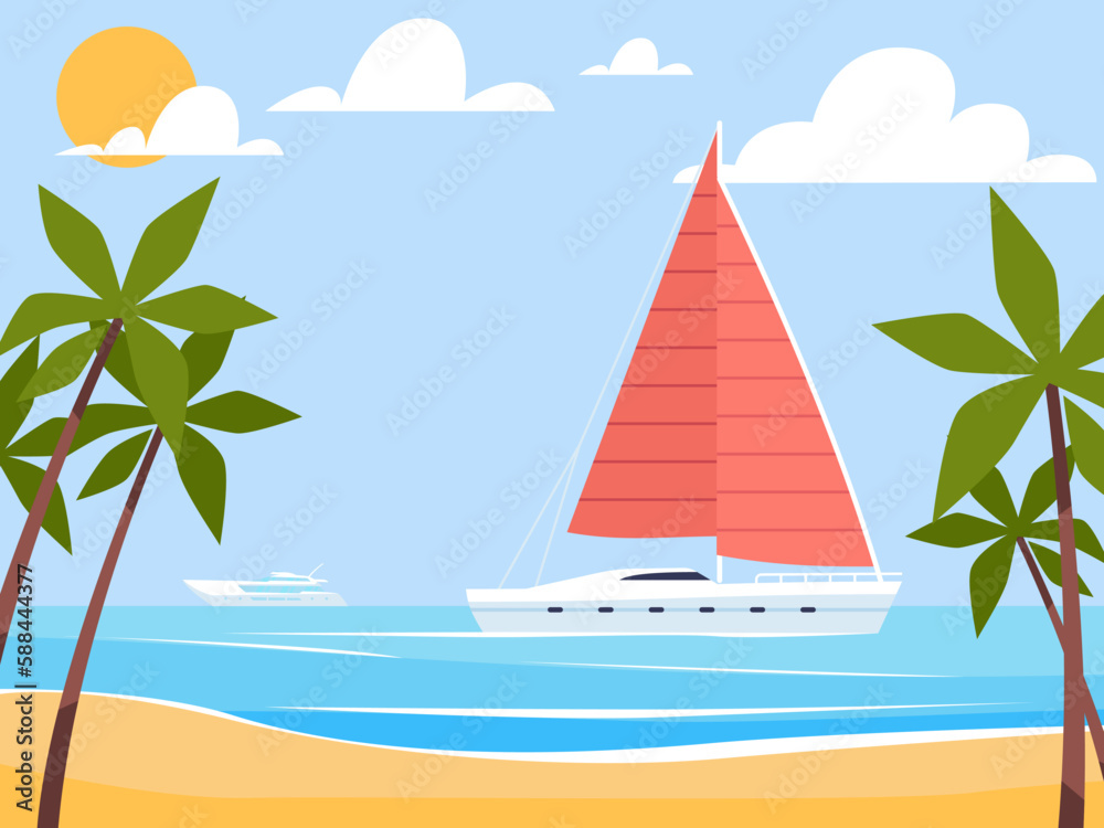 Luxurious yacht stands by beach with palm trees. Tropical resort, summertime vacation ocean panorama, seashore holiday landscape. Yachting scene. Cartoon flat illustration. Vector concept