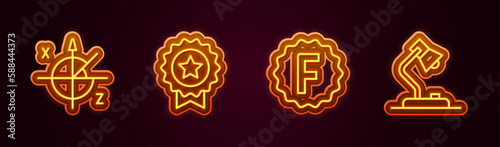 Set line Trigonometric circle, Medal with star, Exam paper incorrect answers and Table lamp. Glowing neon icon. Vector