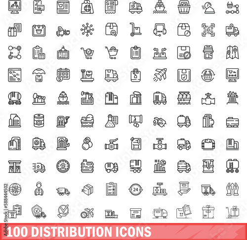 100 distribution icons set. Outline illustration of 100 distribution icons vector set isolated on white background