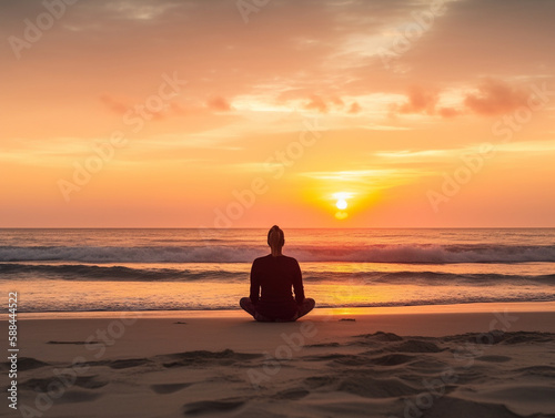 A Woman Meditating on a Beach at Sunset | Generative AI