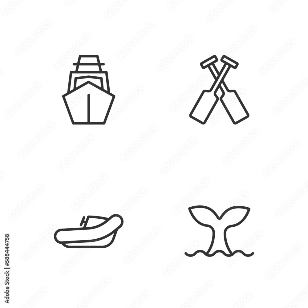 Set line Whale tail, Inflatable boat with motor, Yacht sailboat and Crossed oars paddles icon. Vector