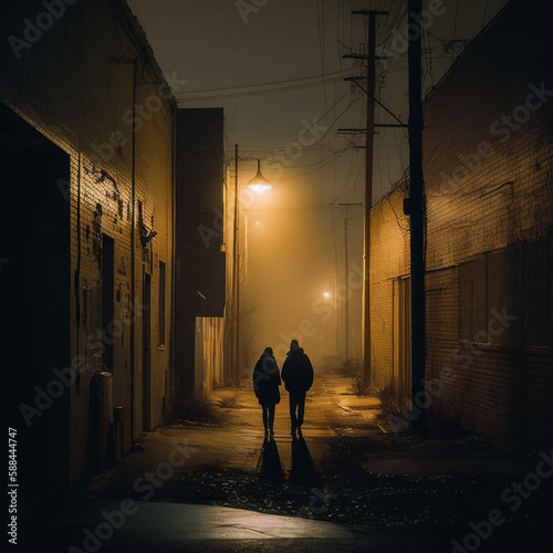 silhouette of a couple  walking in an alleyway at night ai generated , Generative AI