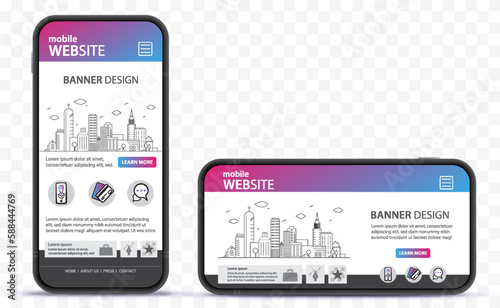 Mobile Website Design With Mobile Phone Mockup. Horizontal and vertical smartphones on transparent background.