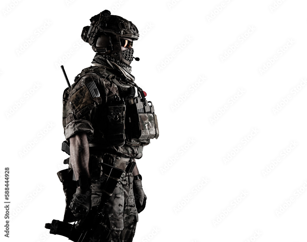Low angle half length shot of a military army soldier in camouflage holding assault rifle. Studio shot, dark contrast, cropped, desaturated, isolated on white background Low angle half length shot of a military army soldier in camouflage holding assault rifle. Studio shot, dark contrast, cropped, desaturated, isolated on white background