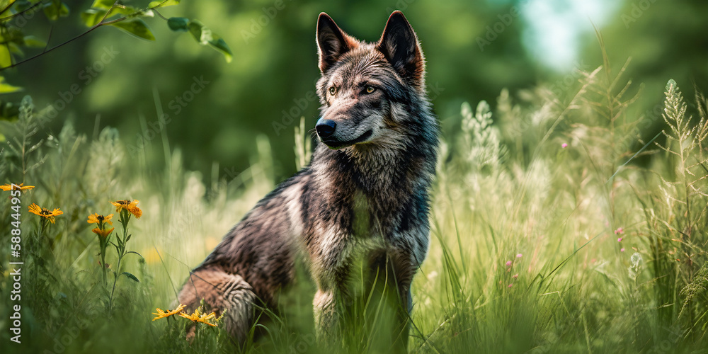 Beautiful wolf sitting in a meadow during spring - generative AI