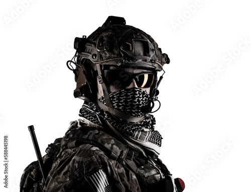 Low angle close-up shot of a military army soldier in camouflage holding assault rifle. Studio shot, dark contrast, cropped, desaturated, isolated on white background