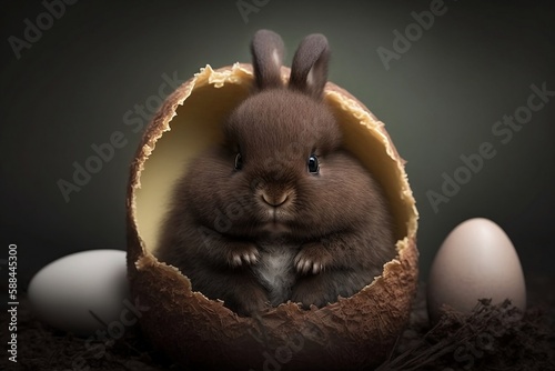 Baby bunny inside of a wooden egg.  Created using generative AI.