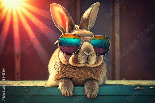 Super cool bunny with sunglasses at sunset.  Created using generative AI.