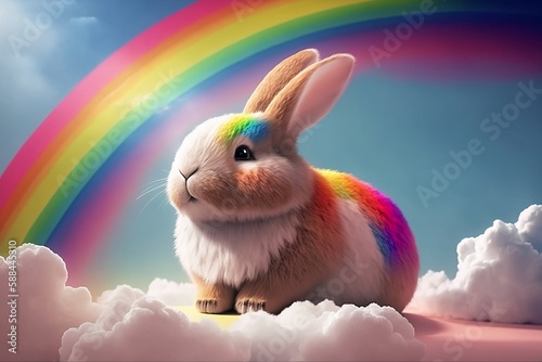 Colorful little bunny sitting on clouds under a rainbow.  Created using generative AI.