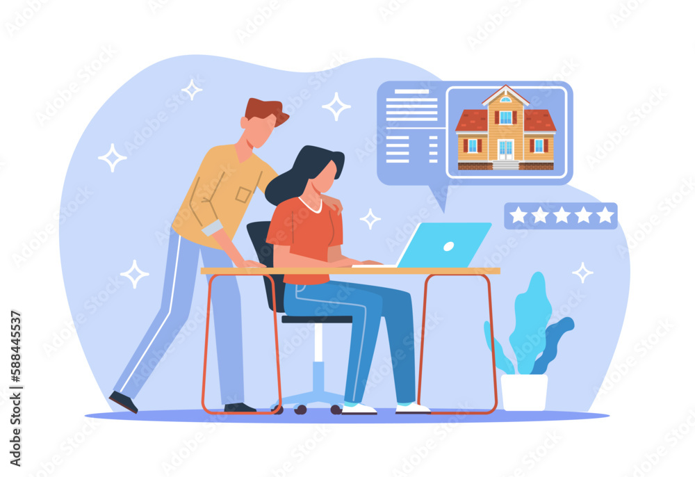 Man and woman choosing house, rent or buy home, searching apartment, property mortgage. Family sitting at table, online application real estate cartoon flat isolated illustration. Vector concept