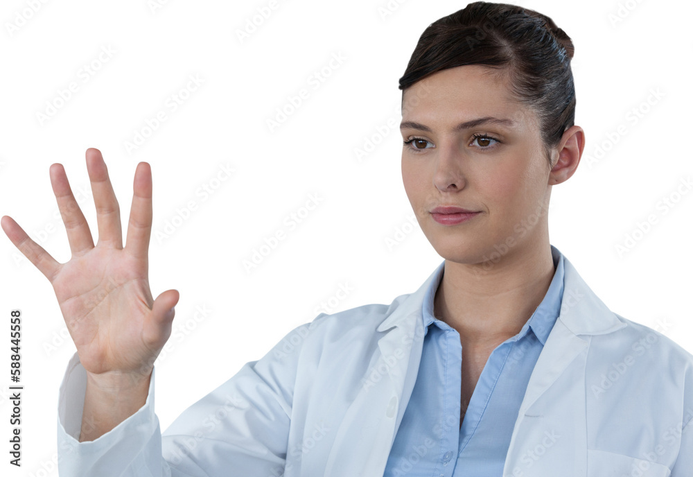 Beautiful female doctor using imaginative screen Beautiful female doctor using imaginative screen