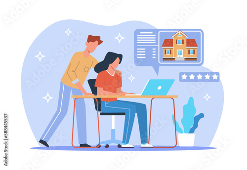 Man and woman choosing house, rent or buy home, searching apartment, property mortgage. Family sitting at table, online application real estate cartoon flat isolated illustration. Vector concept