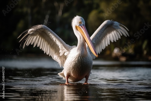 Pelican Bird Spreading Its Wings By The Water. Generative AI