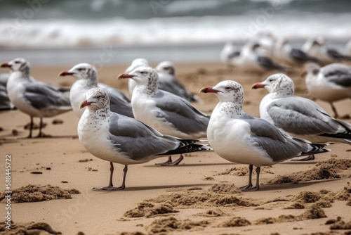 Seagulls Scavenging For Food On The Beach. Generative AI