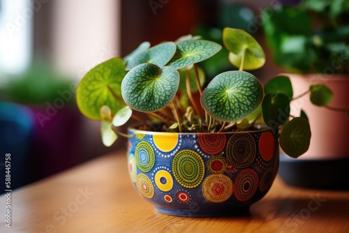Pilea Peperomioides With Round, Flat Leaves In A Colorful, Patterned Pot In A Playful And Quirky Apartment. Generative AI photo