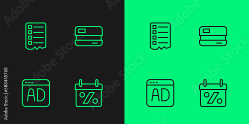 Set line Discount percent tag, Advertising, Shopping list and Credit card icon. Vector