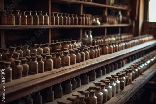 Rows Of Old Medicine Bottles On Wooden Shelves. Generative AI