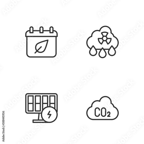 Set line CO2 emissions in cloud, Solar energy panel, Calendar with autumn leaves and Acid rain radioactive icon. Vector