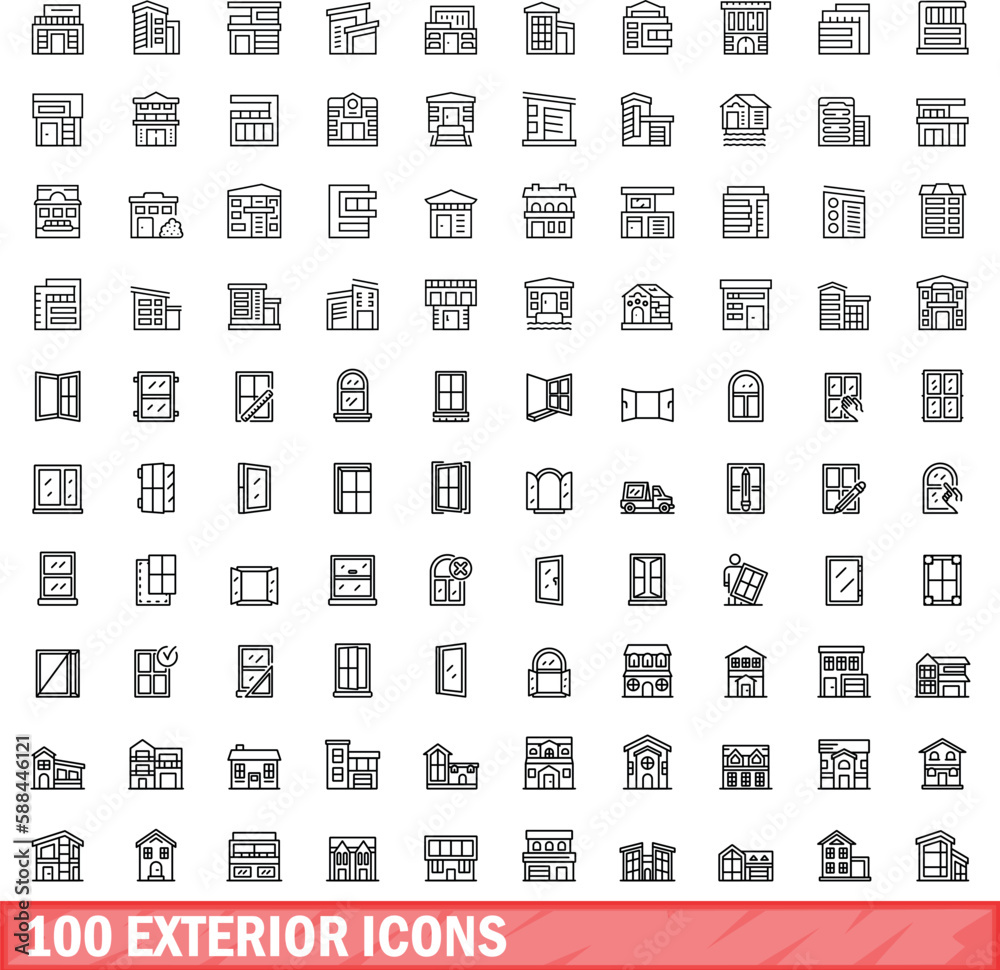 100 exterior icons set. Outline illustration of 100 exterior icons vector set isolated on white background 100 exterior icons set. Outline illustration of 100 exterior icons vector set isolated on white background