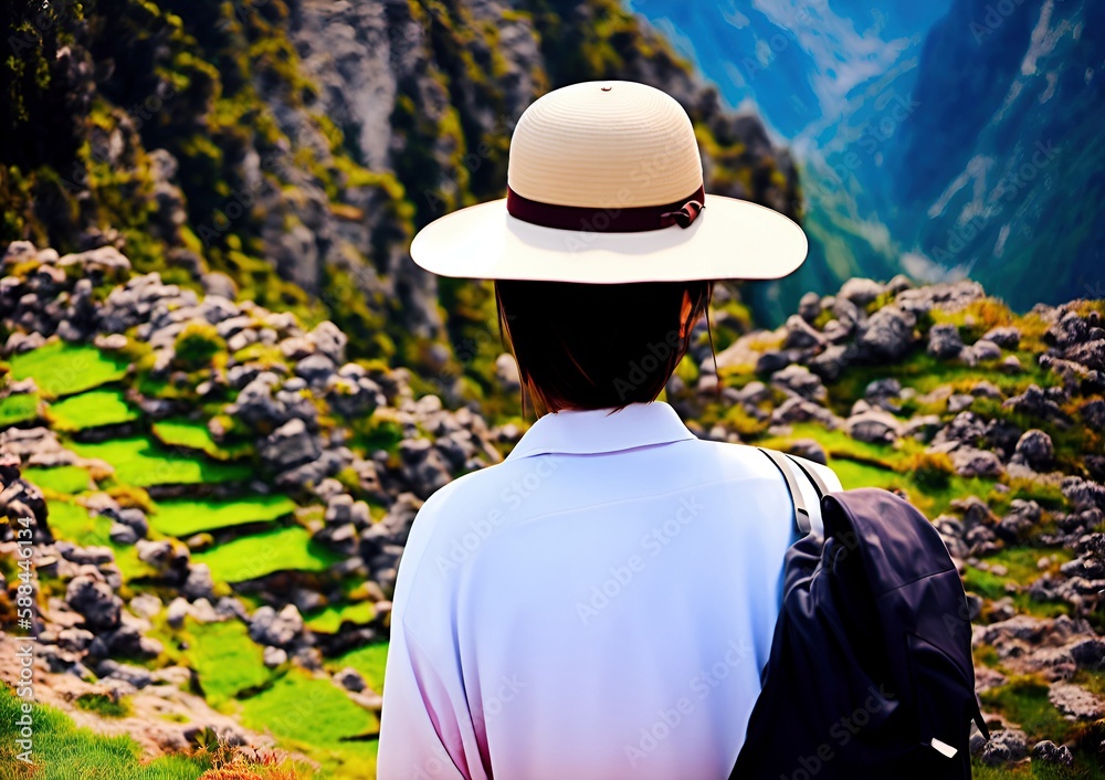 illustration of a woman contemplating the machu picchu