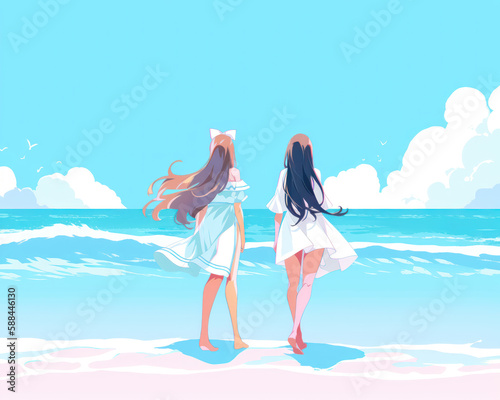 Two beautiful girls on the beach. Vector illustration in anime style. 
