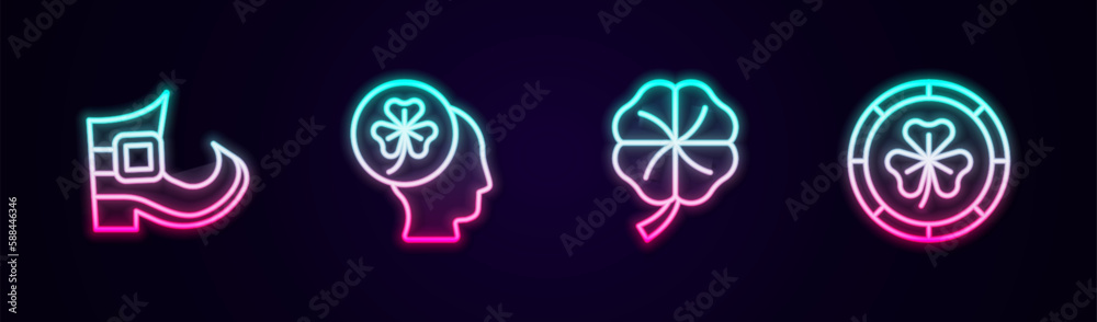 Set line Leprechaun boot, Head with clover trefoil leaf, Four and Golden leprechaun coin. Glowing neon icon. Vector Set line Leprechaun boot, Head with clover trefoil leaf, Four and Golden leprechaun coin. Glowing neon icon. Vector