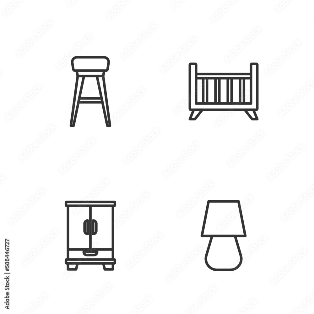 Set line Table lamp, Wardrobe, Chair and Baby crib cradle bed icon. Vector Set line Table lamp, Wardrobe, Chair and Baby crib cradle bed icon. Vector