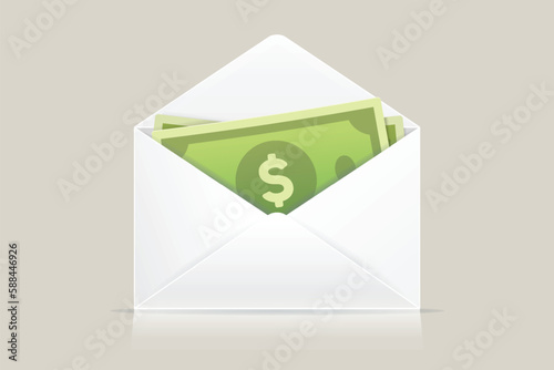 Envelope with dollar bills, stylized realistic vector illustration
