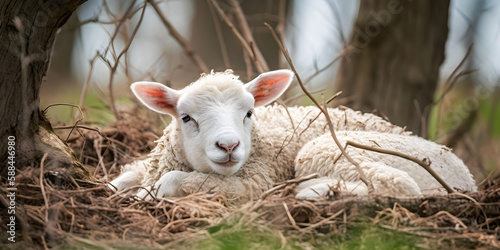 Fluffy lazy lamb relaxing in a meadow during spring - generative AI