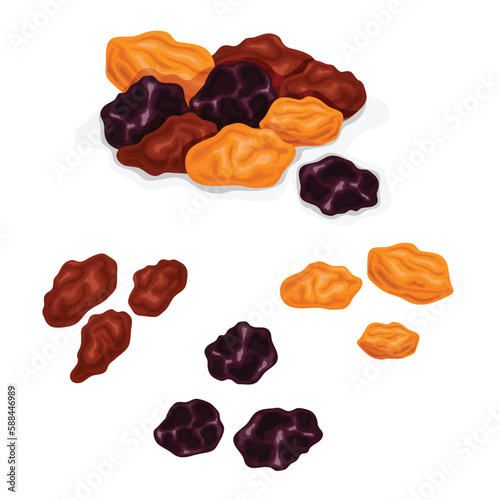 Set of heaps of raisins and individual grains 