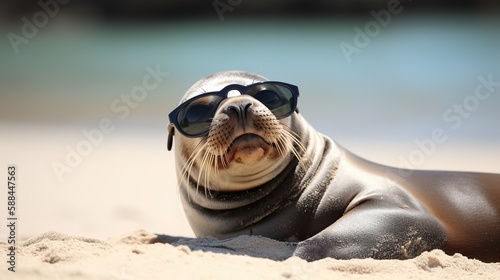 sea lion on the beach with sunglasses AI Generated