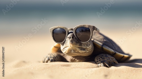 turtle on the beach with sunglasses AI Generated