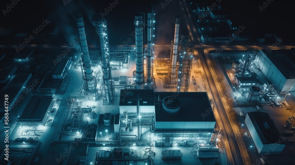 aerial view of an oil company in the night AI Generated