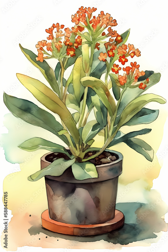 Asclepias in Pot Watercolor Art Print for Botanical and Natural Wall Decor. Generative AI