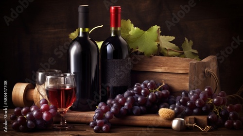 wine and grapes lying on a table AI Generated