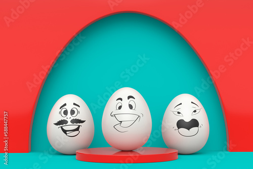Farm white eggs on podium standing in line on green background