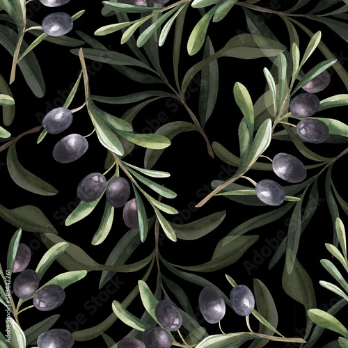 Watercolor hand drawn seamless pattern with black olives branches and leaves