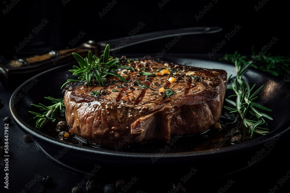 A steak with a black background and a sprig of rosemary on it. A steak with a black background and a sprig of rosemary on it.