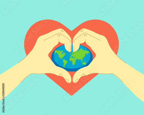 The hands show the heart. In the heart is the planet earth. the background is a red heart. 