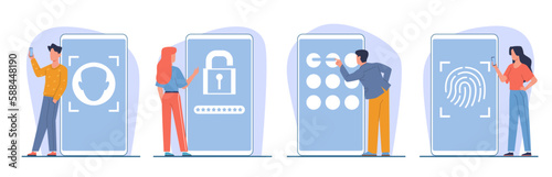 Men and women protect information on smartphones with passwords and codes. Fingerprint, face ID, digital and graphic sign. Verification and authentication cartoon flat illustration. Vector set