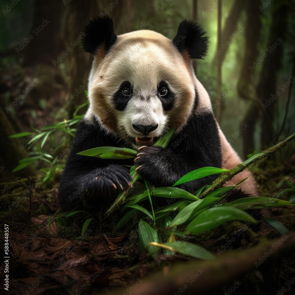 A panda bear munching on bamboo in its natural habitat created with Generative AI technology