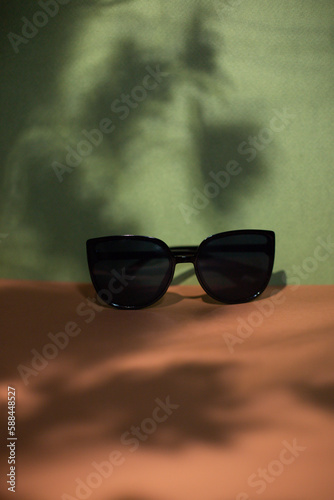  black sunglasses in thick frames on a beautiful background with a shadow of leaves